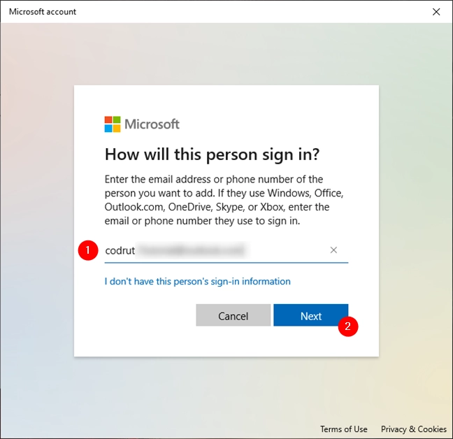 Entering the details required to add a Microsoft account to Windows 10