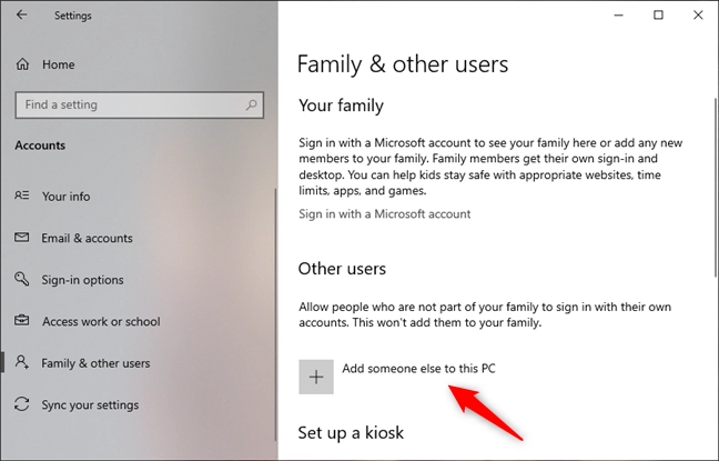 Pushing the Add someone else to this PC button