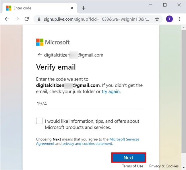 Verify email and press Next