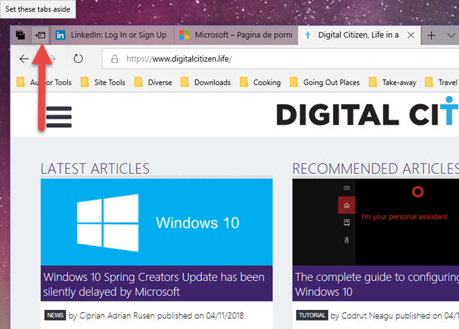 Windows 10, Microsoft Edge, set aside, tabs