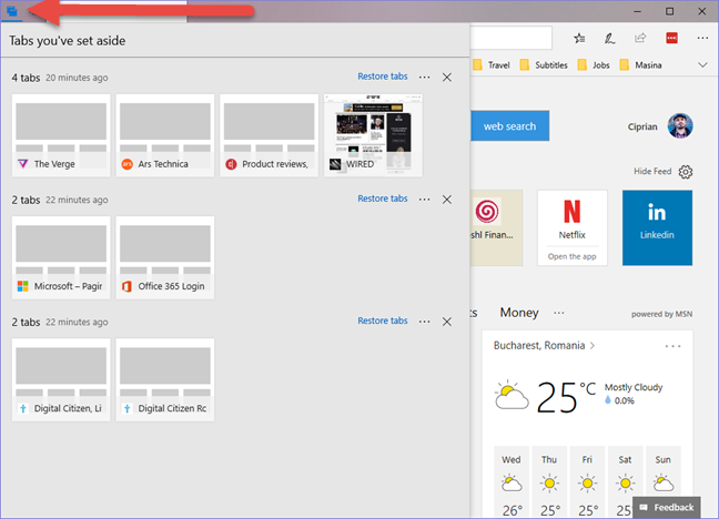 Windows 10, Microsoft Edge, set aside, tabs