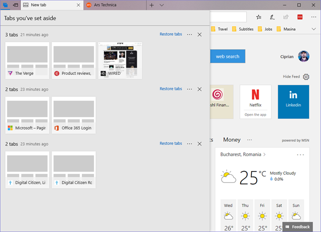 Windows 10, Microsoft Edge, set aside, tabs