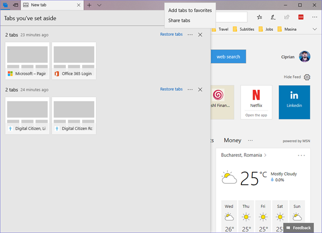 Windows 10, Microsoft Edge, set aside, tabs