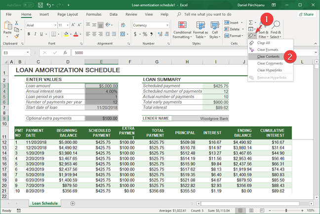 Clear contents in Microsoft Excel