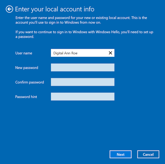 Insert the required info for your Windows 10 local account