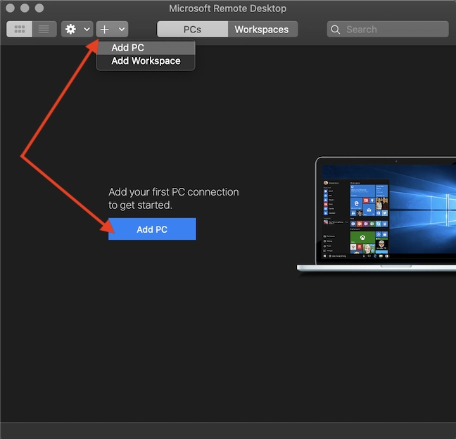 Click Add PC in Microsoft Remote Desktop