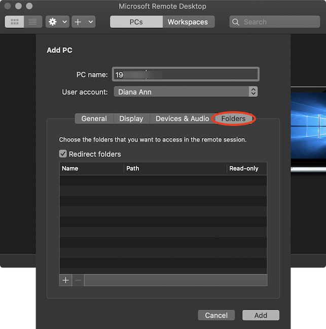 Use the Folders tab to share files with Microsoft Remote Desktop