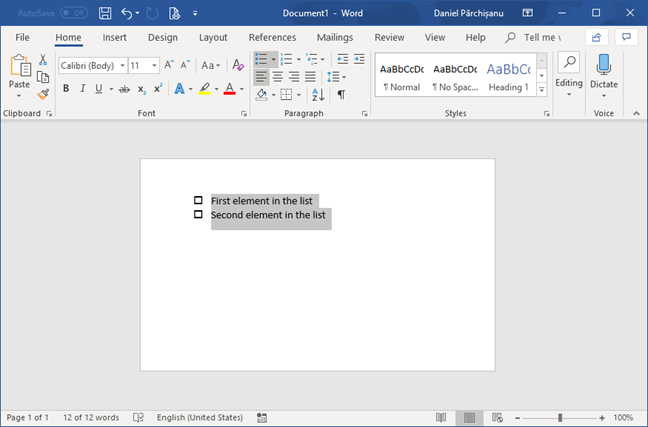 Checklist in Microsoft Word