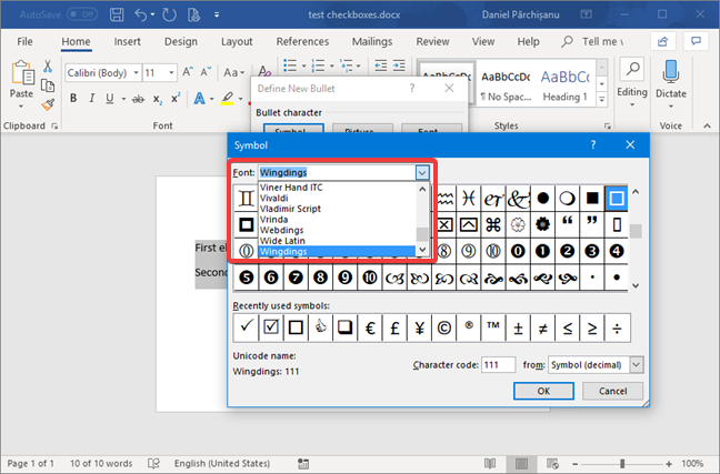 The Symbol window from Microsoft Word