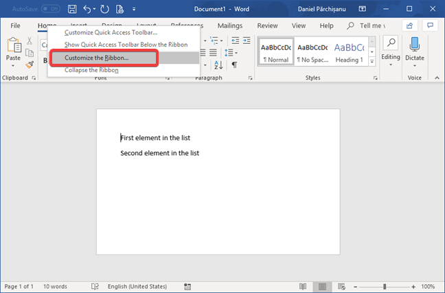 Customize the ribbon in Microsoft Word