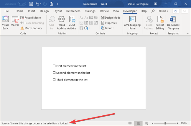 Warning message for a locked checklist in Microsoft Word