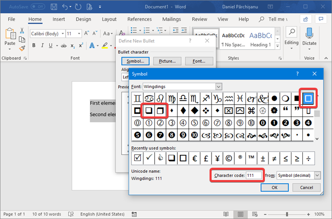 Select the character used as bullet list symbol in Microsoft Word