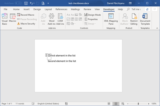 Checked box item in Microsoft Word