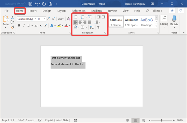 The Paragraph section in the Home tab, in Microsoft Word