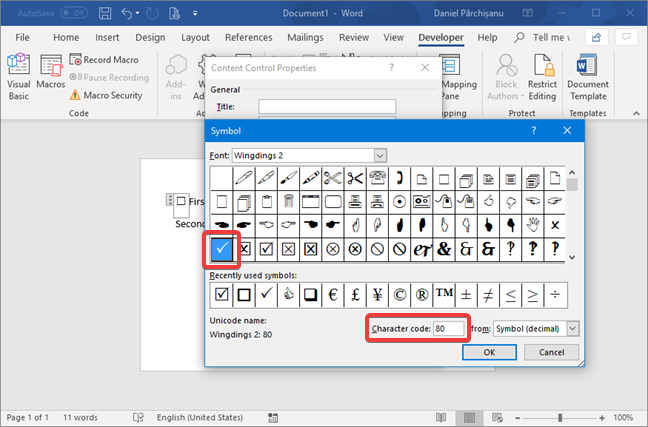 Select the checked or unchecked symbol for the Check Box Content Control