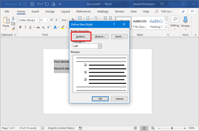 Define the New Bullet in Microsoft Word