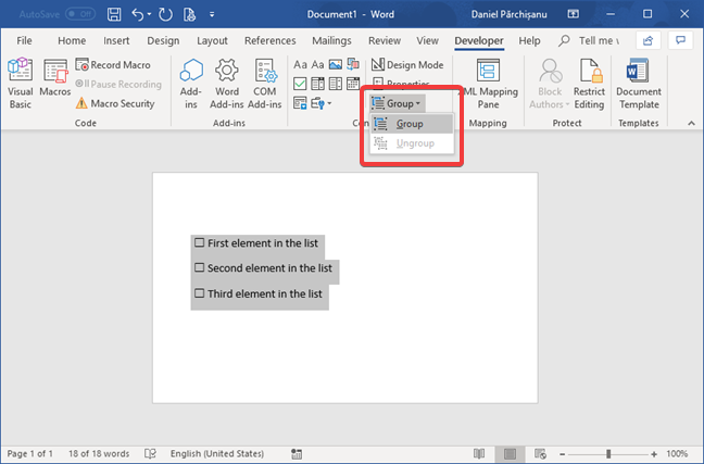 Group a checklist built using the Check Box Content Control