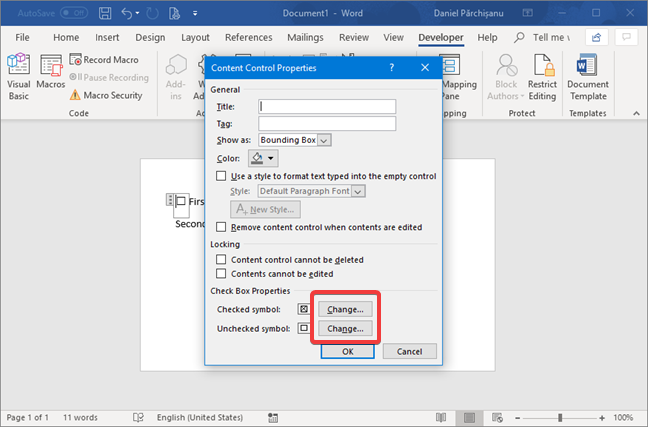 Change the checked or unchecked symbol for the Check Box Content Control