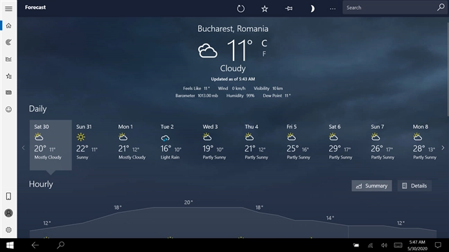 The Weather app maximized in Tablet mode