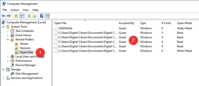 The Open Files list available in Computer Management