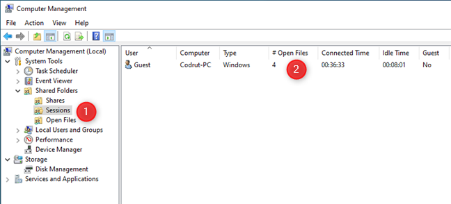 The Sessions details displayed in the Computer Management