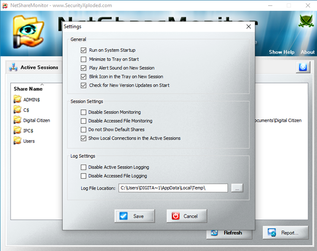 Settings for NetShareMonitor