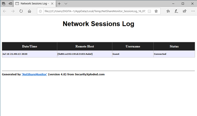 NetShareMonitor: Network sessions Log