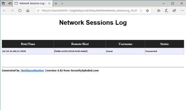 NetShareMonitor: Network sessions Log