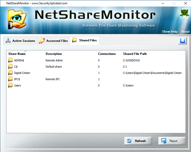 Shared Files list displayed by NetShareMonitor