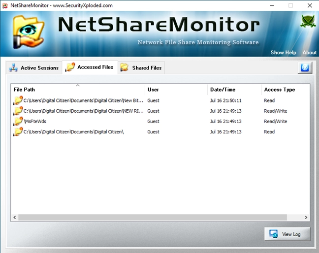 Accessed Files list in NetShareMonitor
