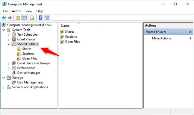The Shared Folders entry from the Computer Management