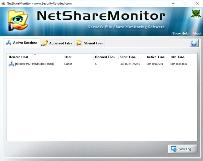 Active Sessions list in NetShareMonitor