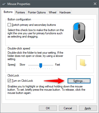 The ClickLock settings buttons