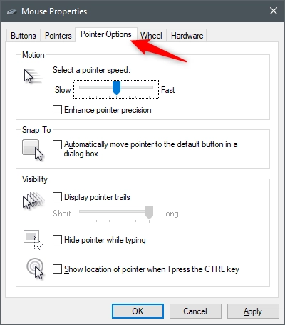 The Pointer Options from the Mouse Properties window