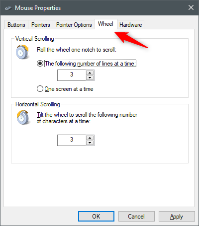 The Wheel tab from the Mouse Properties window