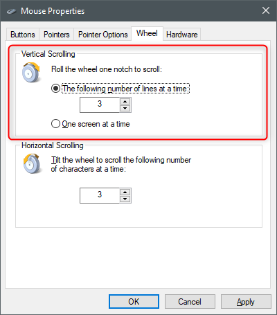 Adjusting the Vertical Scrolling mouse settings