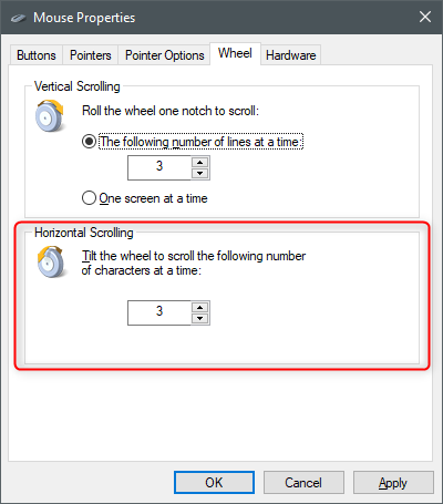 Adjusting the Horizontal Scrolling mouse settings