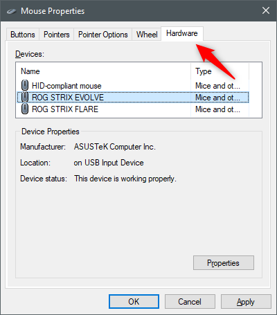 Checking the hardware details of the mouse