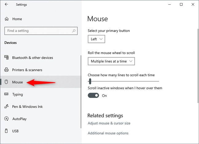 The Mouse section from the Devices category of settings