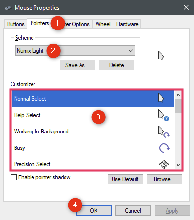 Enable the custom cursors in Windows 10