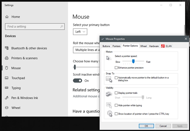 The mouse speed settings in Windows 10
