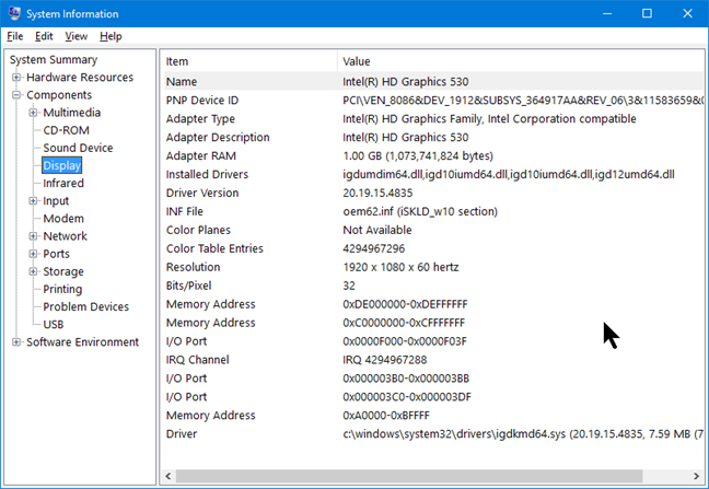 Display components in System Information for Windows