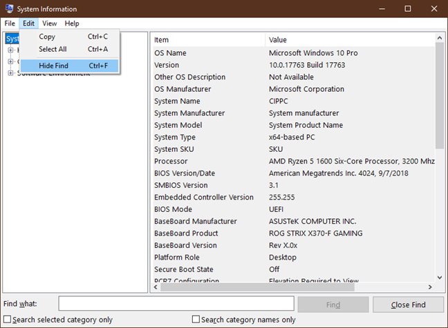 Hide or display the Find field in System Information for Windows