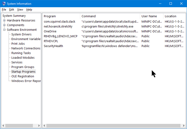 Startup programs in System Information in Windows