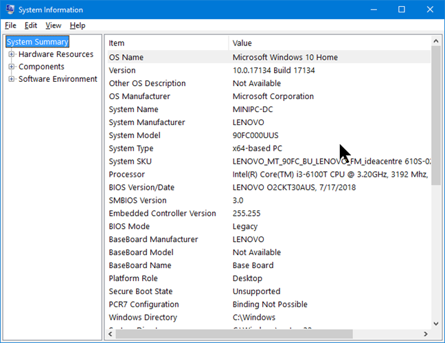 System Information in Windows