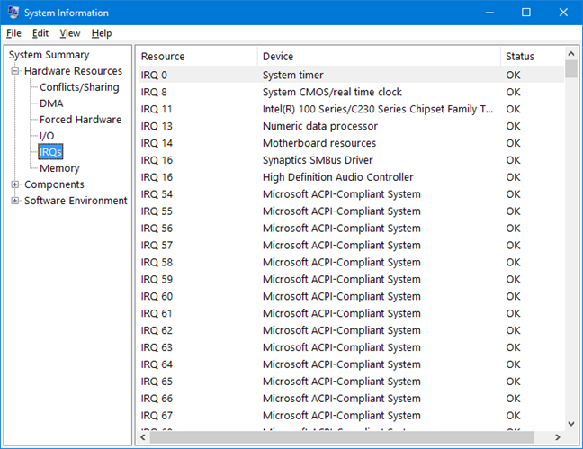 Interrupt Requests in System Information for Windows