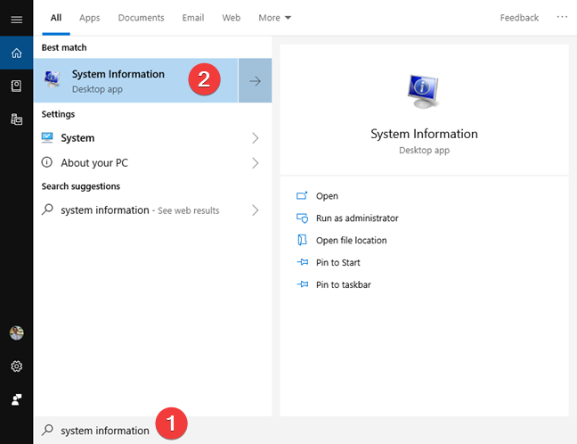 Search for system information in Windows 10