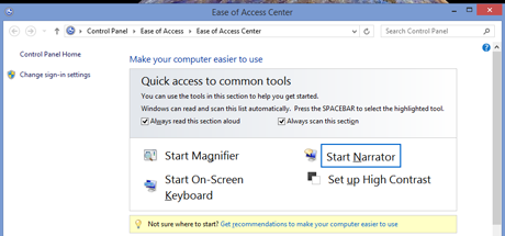 Ease of Access Center, Windows 8.1, Narrator