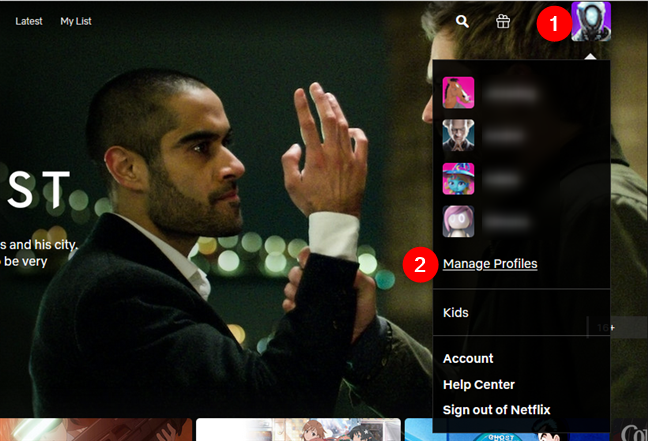 The Manage Profiles option from the Netflix menu