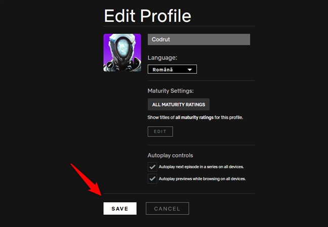 Saving the new Netflix profile language setting